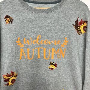 Womens Welcome Fall Artsy Gray Orange Autumn Wearable Art Fleece Top Sz L